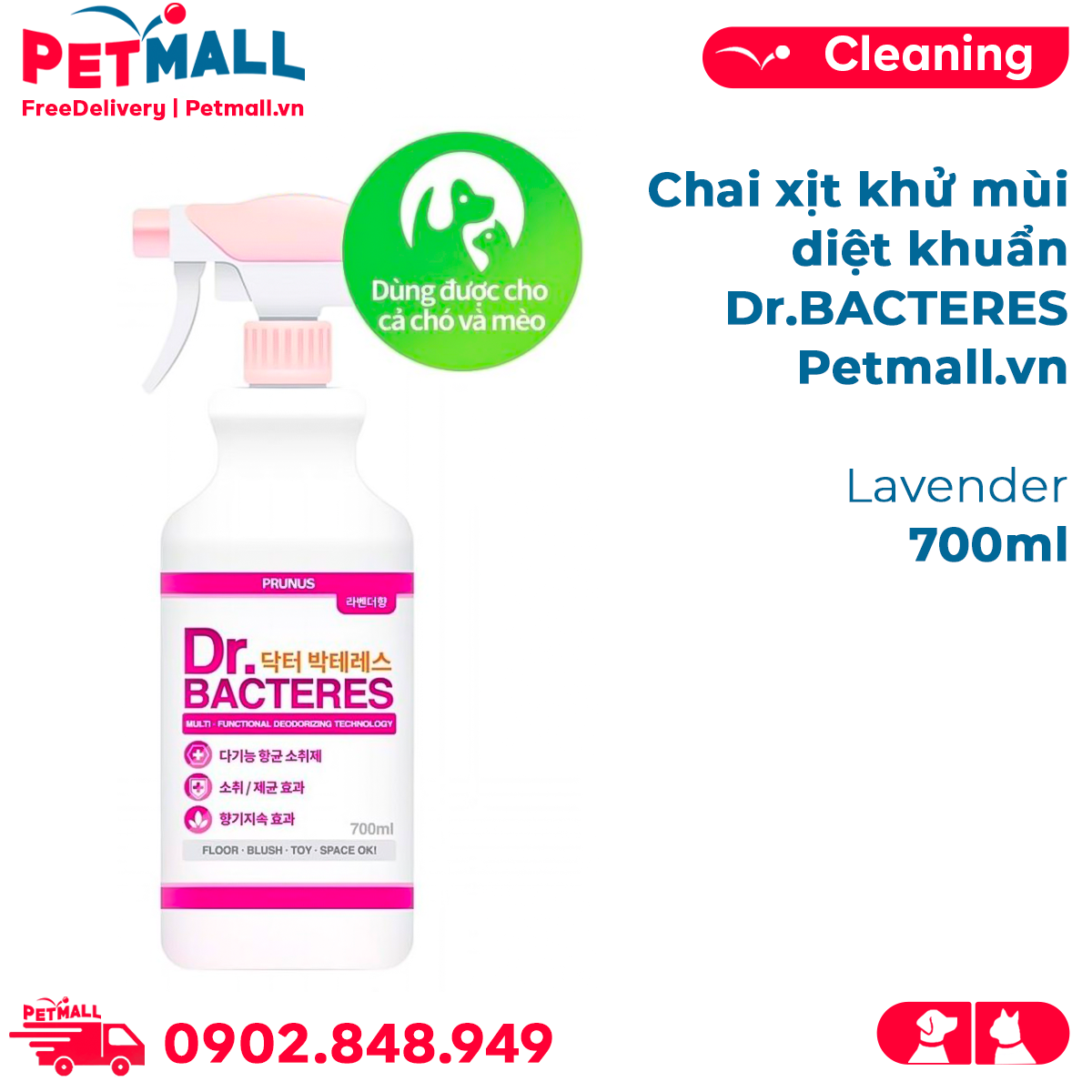 Chai xịt khử mùi diệt khuẩn dr.bacteres 700ml - lavender petmall
