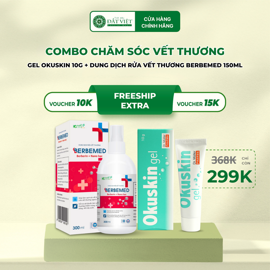 Gel bôi hỗ trợ làm mờ sẹo Okuskin dung tích 10g & 30g và Dung dịch rửa vết thương Berbemed 150ml