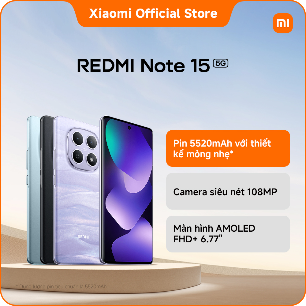 "Điện thoại thông minh Redmi Note 15 5G (6+128GB|8+256GB)|Pin 5520mAh với thiết kế mỏng nhẹ|Màn hình siêu bền|Khả năng kháng bụi và nước IP66