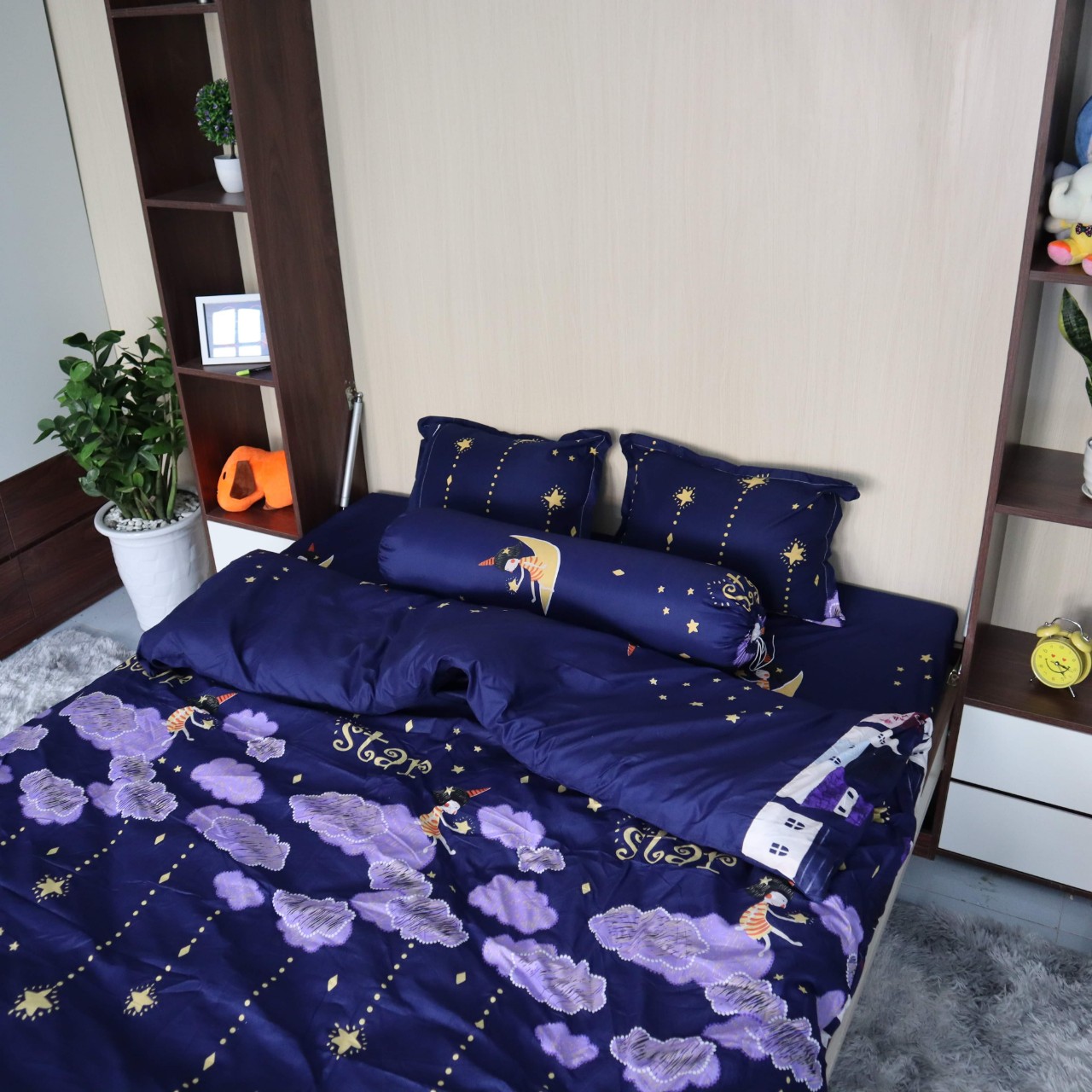 (FreeShip MAX) Set 5 Món Vỏ Chăn Ga Gối Cotton Mẫu DẢI NGÂN HÀ, (1 Drap bo chun + 2 vỏ gối + 1 vỏ chăn + 1 vỏ gối ôm); Màu sắc , họa tiết phù hợp với xu hướng trang trí nội thất hiện đại.