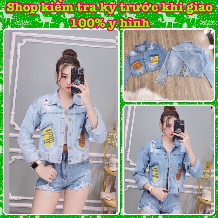 Áo Khoác Jean Nữ Form Lửng Đắp Túi Da Cào Rách Thời Trang Cao Cấp