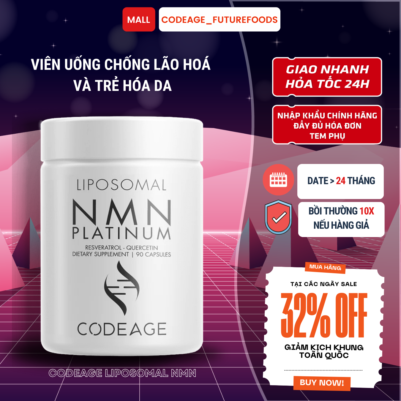 Viên uống kéo dài tuổi thọ và trẻ hóa da codeage liposomal nmn 90 viên