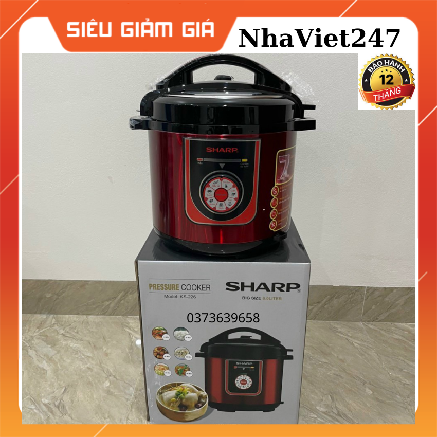 Nồi Áp Suất Điện Đa Năng Sharp KS-226-6 lit-màu đỏ mận-1000w-chống dính (tặng vỉ hấp cách thuỷ) Nồi hầm xương,nấu cháo,tôt,đẹp,giá rẻ,chính hãng-bảo hành 12 tháng[NhaViet247]