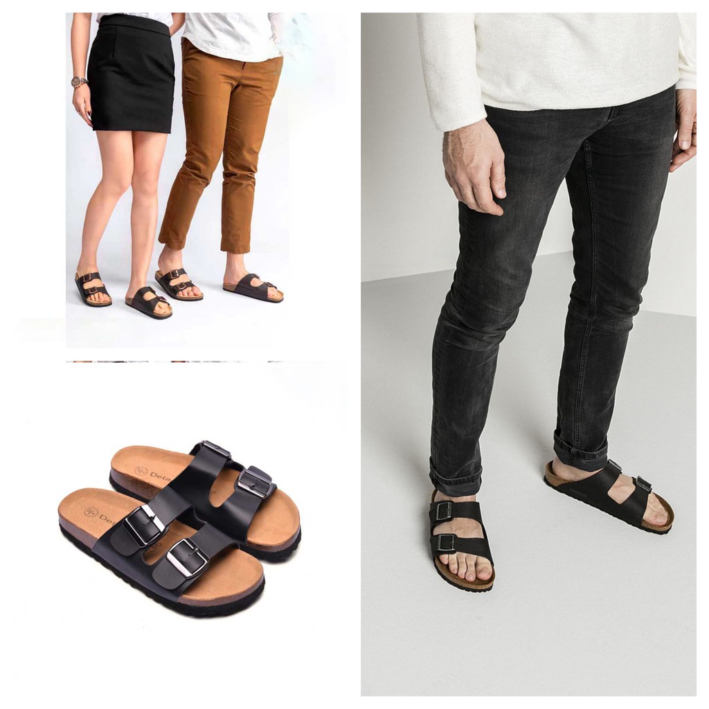 Dép đế trấu Birken 2 khóa Nam Nữ màu ĐEN - Bảo hàng 06 tháng Full Box