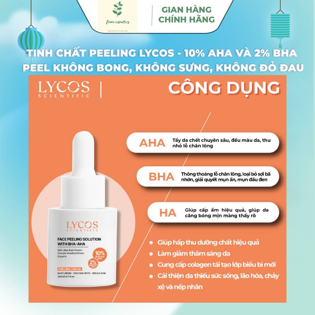 Tinh chất peeling Lycos-10% AHA và 2% BHA giúp tẩy da chết chuyên sâu, đều màu da, thu nhỏ lỗ, cấp ẩm, da căng bóng