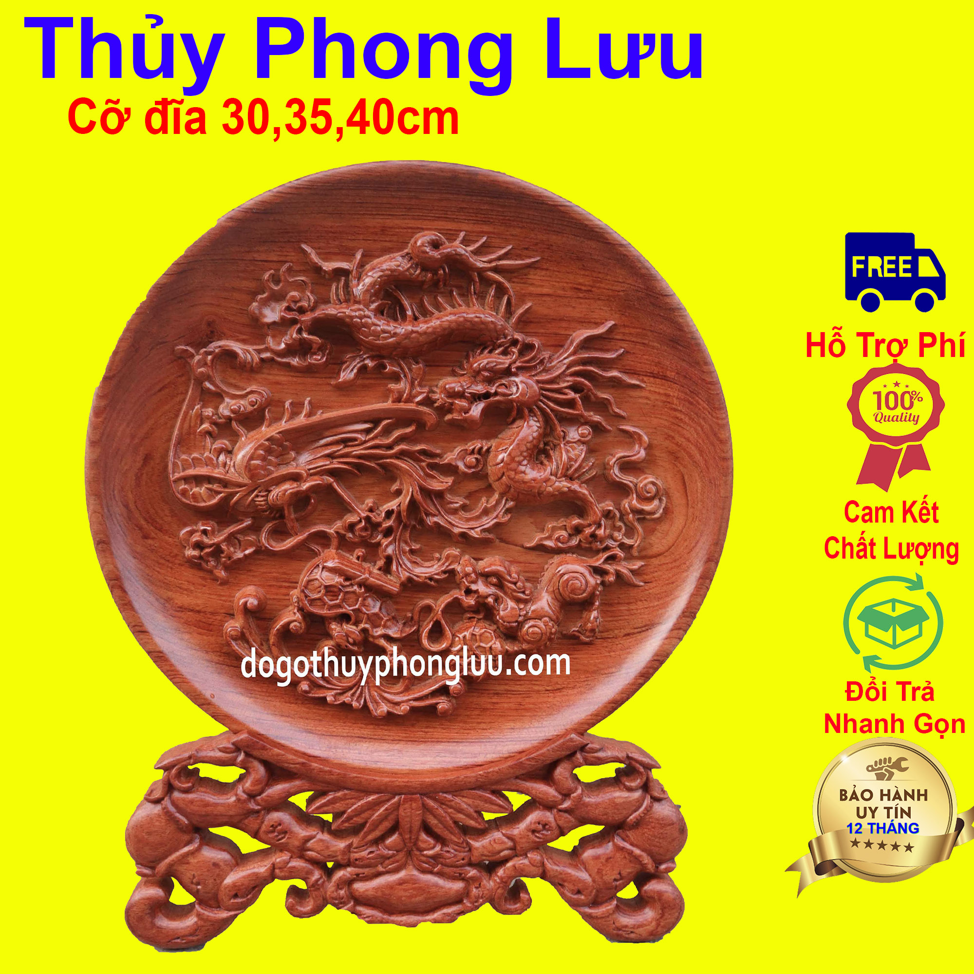 Tranh tròn đĩa tứ linh gỗ hương đá nguyên khối 3 cỡ đĩa 30,35,40cm