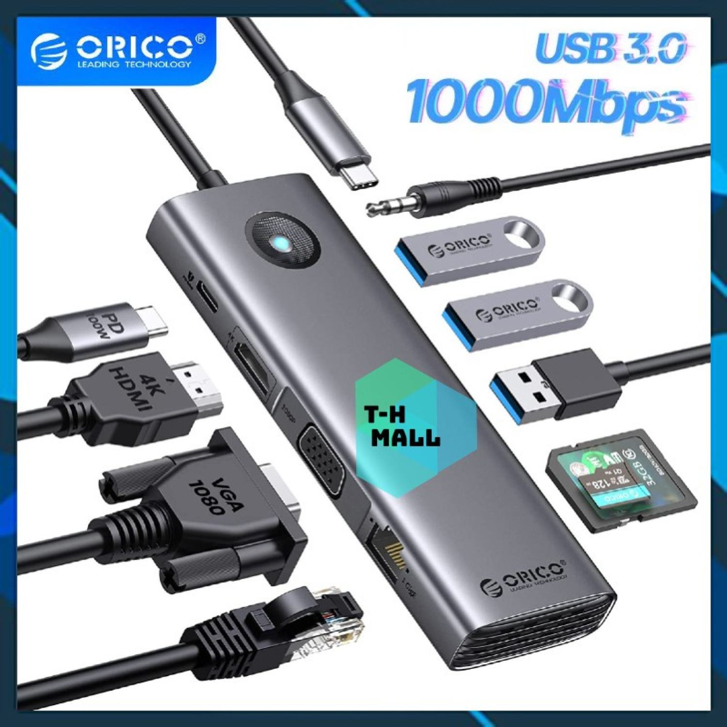 Bộ chuyển đổi hub 5 / 6 / 8 / 10 trong 1 Orico type C to USB3.0 / HDMI 60Hz / PD 100W / RJ45 1Gbps 2.5Gbps 5 / 6 / 8 / 10 in 1 cho laptop táo