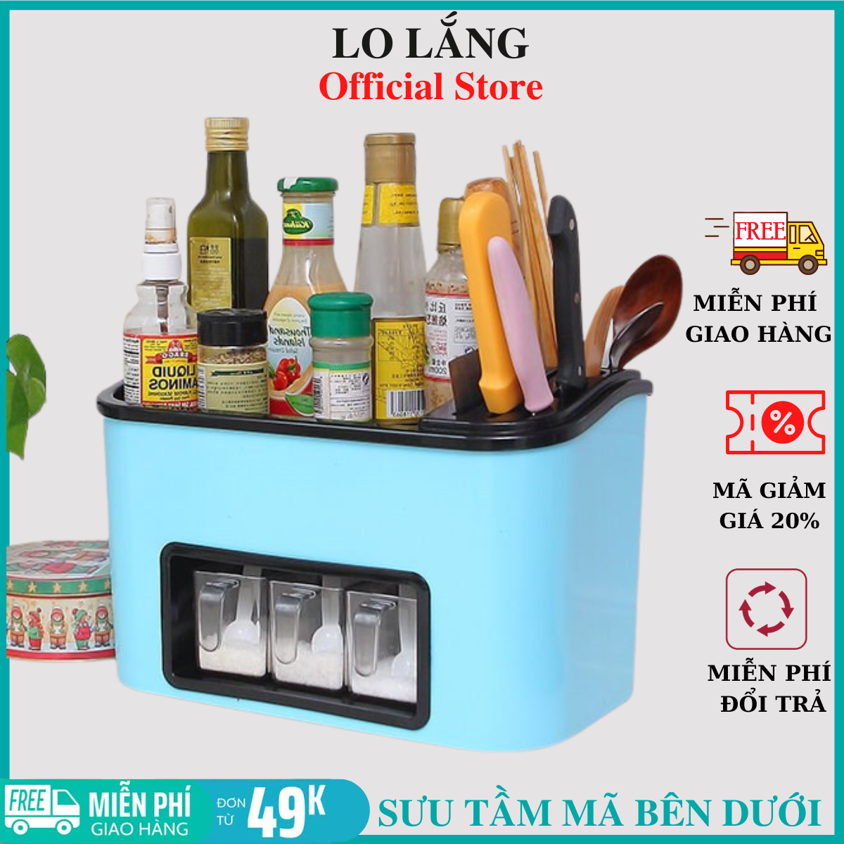 Kệ đựng gia vị và đồ bếp nhựa Việt Nhật kèm 3 lọ đựng gia vị có muỗng cao cấp