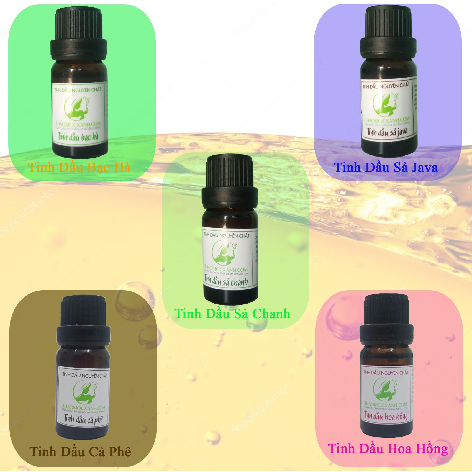 Combo 5 lọ tinh dầu 10 ml :sả chanh,sả java,bạc hà,cà phê,hoa hồng thảo mộc xanh