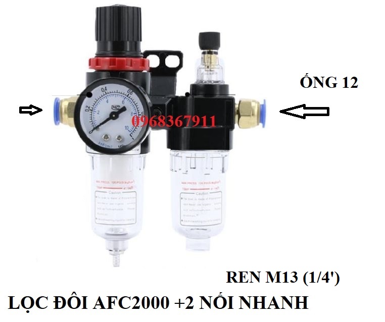 LỌC HƠI KHÍ NÉN AFC 2000 TÁCH NƯỚC + DẦU CÓ ĐIỀU ÁP & ĐỒNG HỒ, LỌC ĐÔI KHÍ NÉN kèm nối nhanh ống hơi 4-6-8-10-12mm