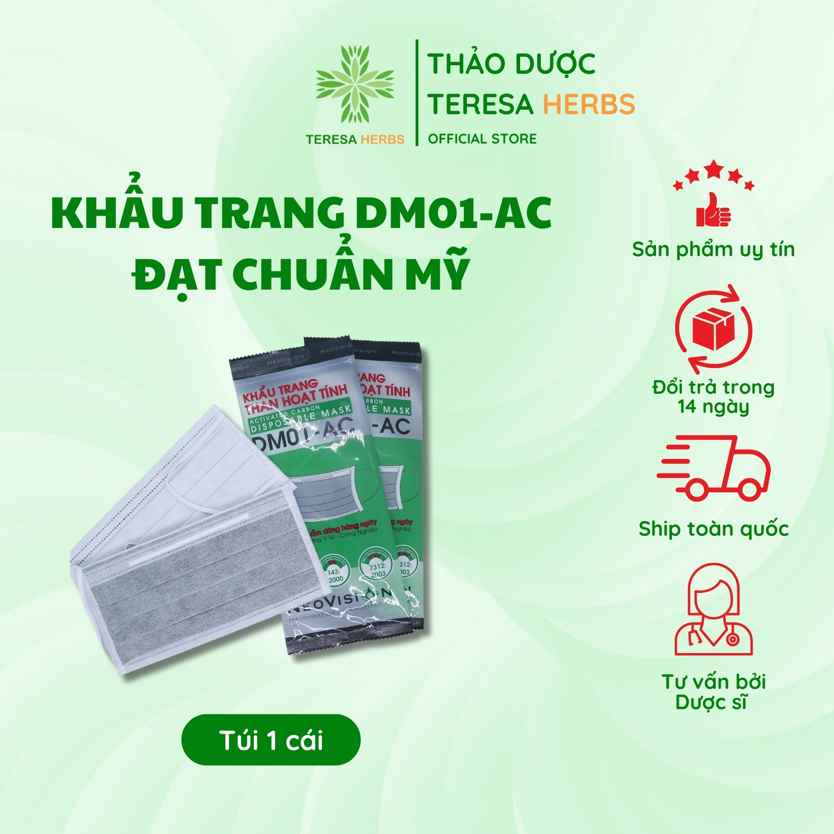 Khẩu trang y tế 4 lớp than hoạt tính neovision dm01 kháng khuẩn chống nước ngăn ngừa bụi