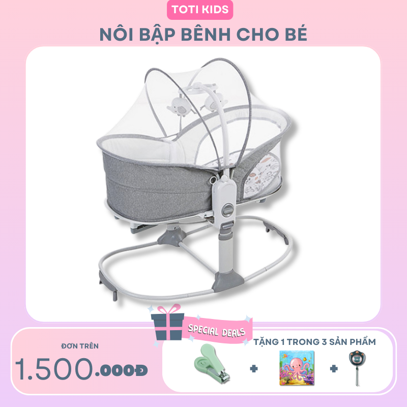 Nôi Ghế em bé, Ghế bập bênh gấp gọn Toti Kids TK038, nôi bập bênh kèm máy phát nhạc có thể tháo chân xách tay tiện lợi