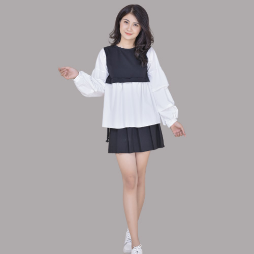 [HCM]Áo croptop kiểu nữ phối màu tay dài phồng cổ tròn thời trang xuân hè đi làm dạo phố Av 0137