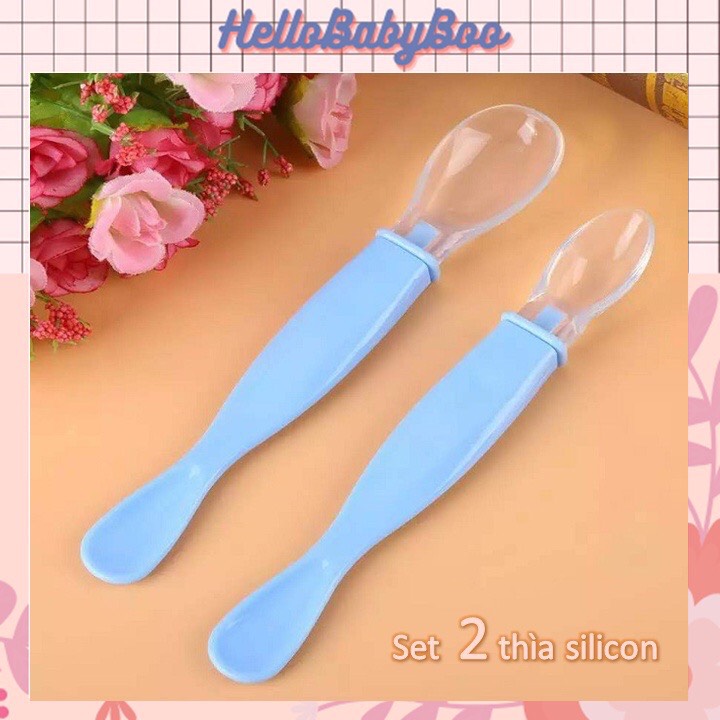 Bộ 2 thìa ăn dặm silicon siêu mềm tiện dụng cao cấp | 1 to + 1 nhỏ có kèm hộp