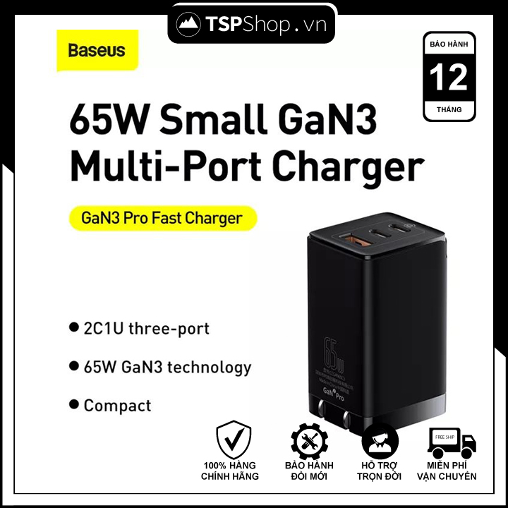 Củ sạc nhanh Baseus GaN3 Pro Quick Charger 65W (Type Cx2 + USB , PD3.0/ PPS/ QC4.0/ SCP/ FCP Multi Quick Charge Protocol, GaN2 Technology)