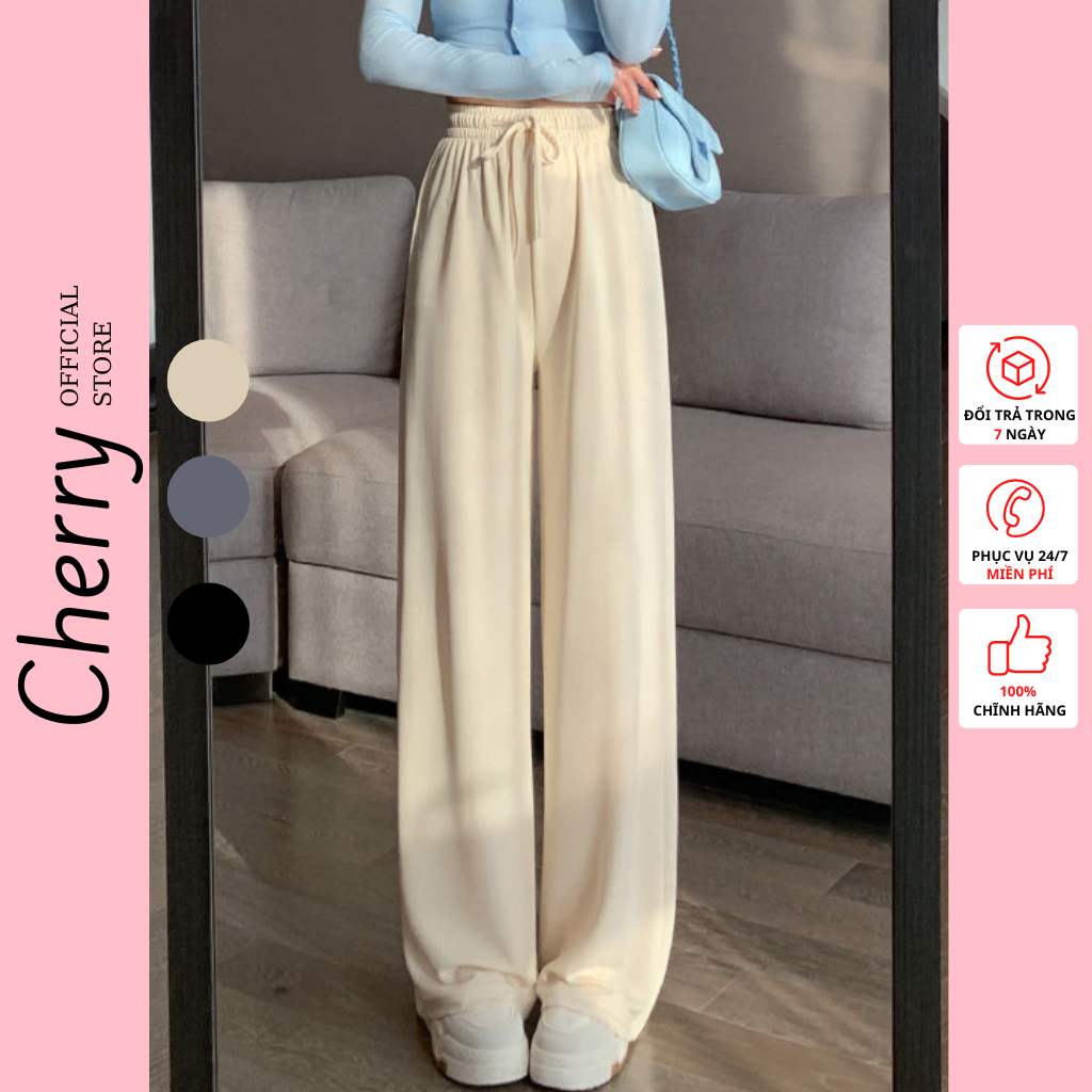 Quần thun ống rộng cạp chun nhung tăm CHERRY lưng cao có dây rút, quần ống suông thun tăm cạp cao siêu tôn dáng T101
