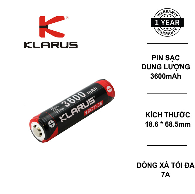 Pin sạc KLARUS 18650 cao cấp dung lượng 3600mAh