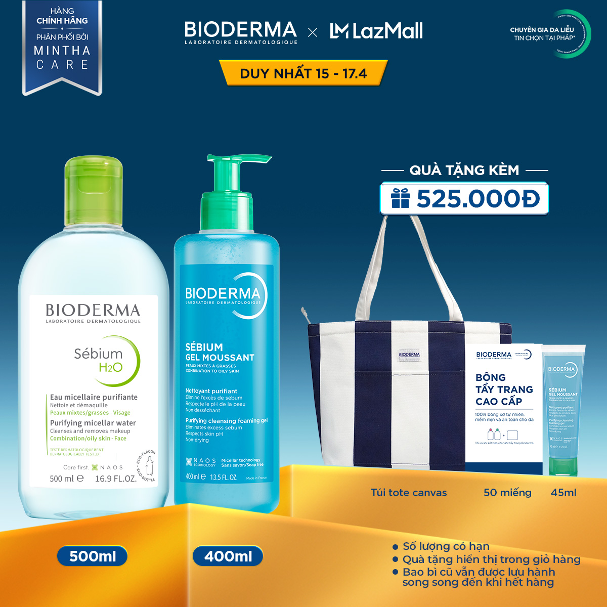 Bộ nước tẩy trang và làm sạch cho da dầu mụn Bioderma Sebium H2O 500ml và Gel rửa mặt 500ml