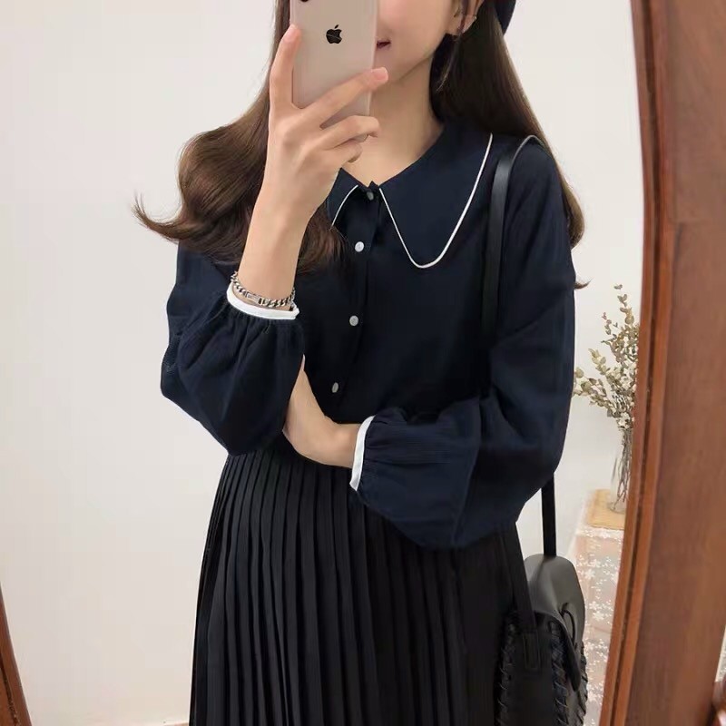 Áo Kiểu Sơ Mi Học Sinh Tay Dài Cổ Cánh Sen Cổ Điển TTSA0748