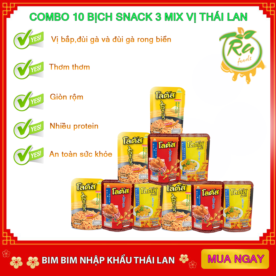 [HCM]combo 10 Snack Thái Lan Bim bim đùi gà vị rong biển và tăm vị bắp thơm lừng giòn ngọt ăn là mê ly thích hợp mọi lứa tuổi