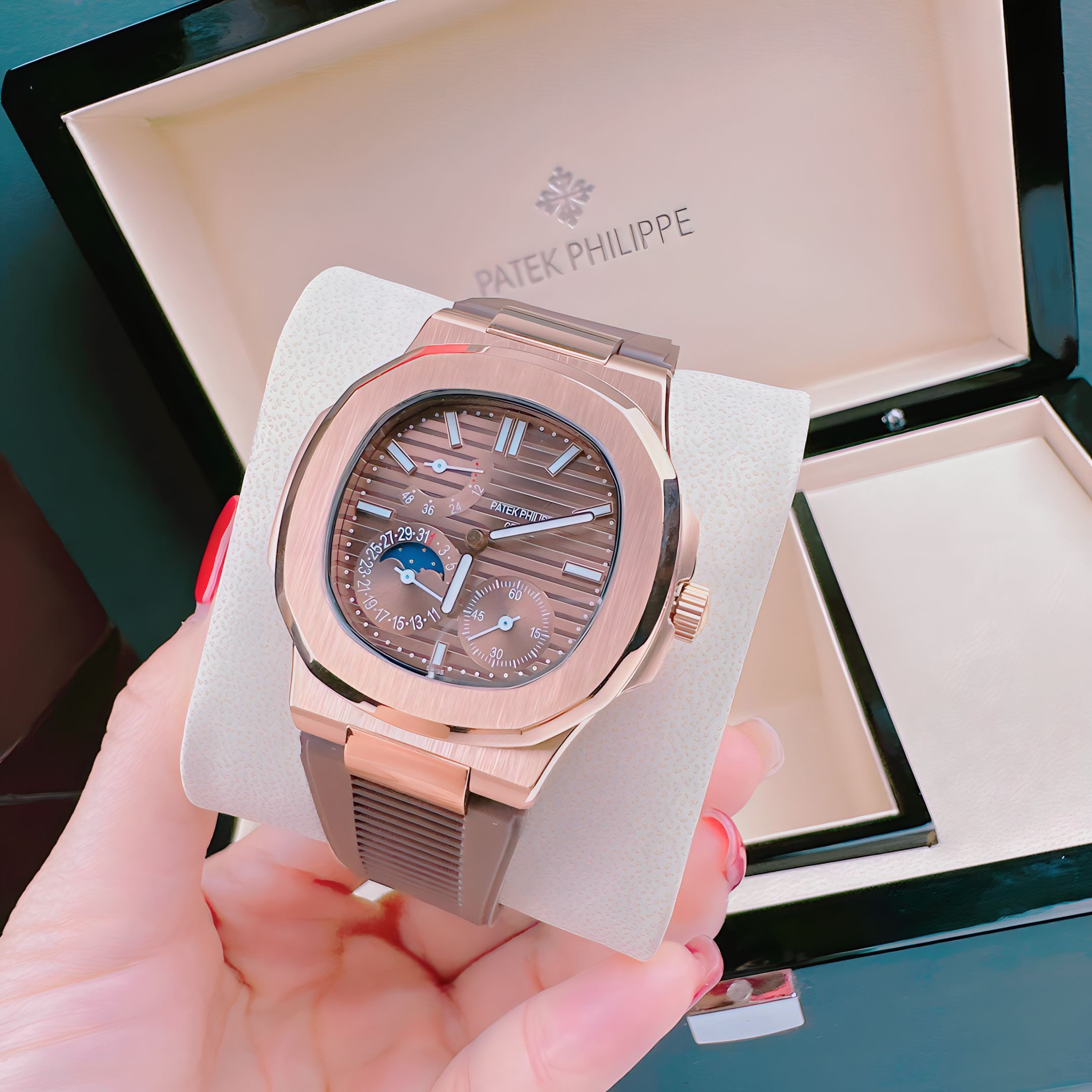 Đồng hồ nam dây cao su máy cơ mặt vuông đeo tay cao cấp chống nước Pate philipe size 42x42mm fullbox , shop kiwi
