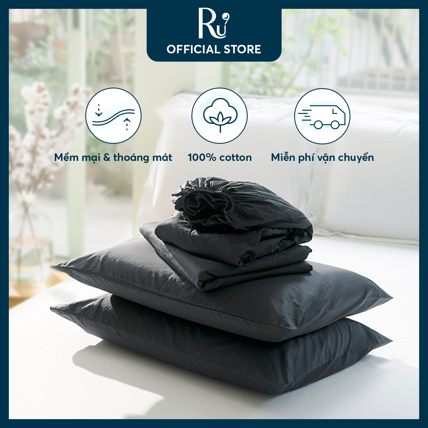 Bộ Vỏ chăn ga gối cao cấp RU9 Cotton Percale - 100% Cotton Tự Nhiên, mềm mại, thoáng khí, thấm hút mồ hôi - 6 Kích Thước - Black Oyster