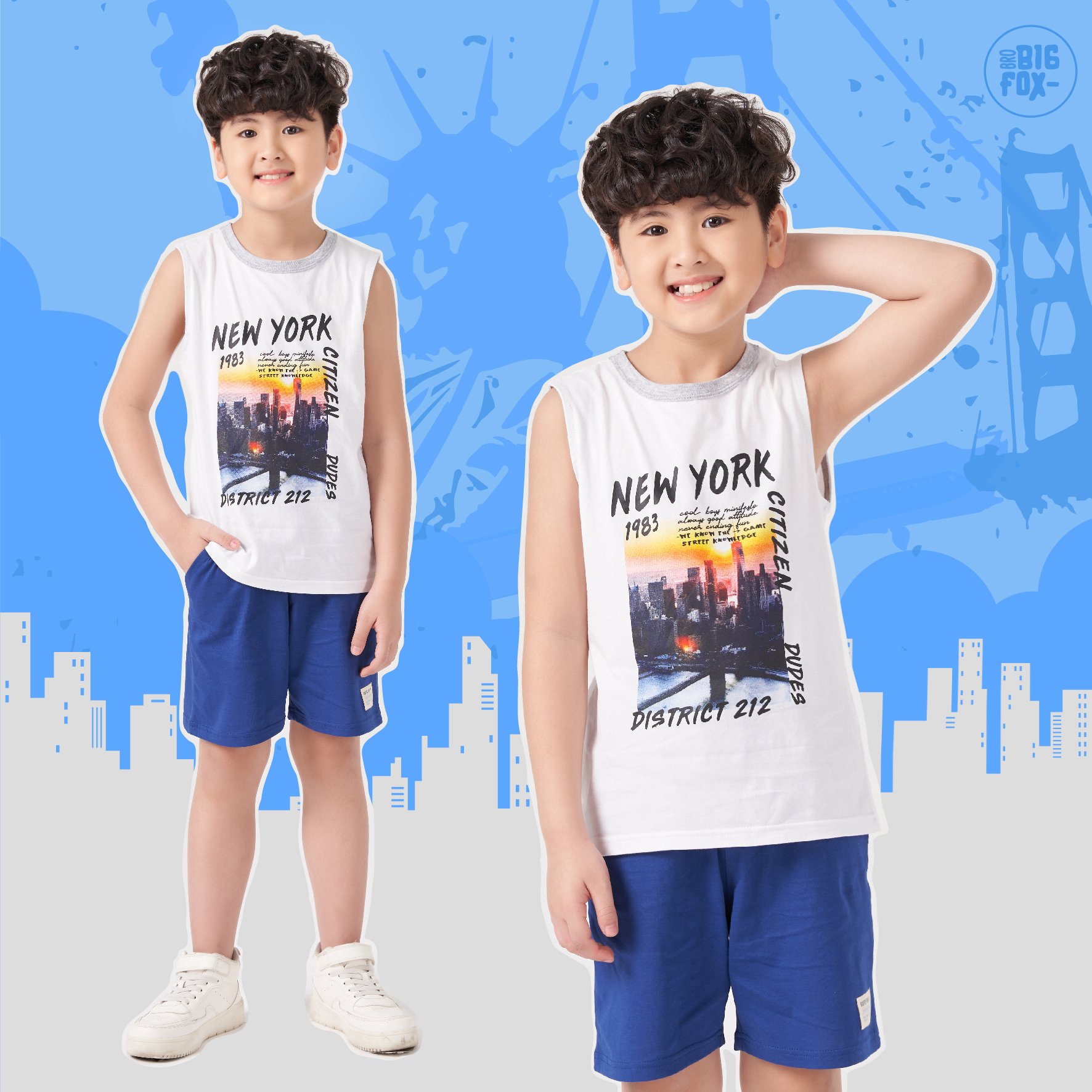 Đồ bộ bé trai size đại bộ ba lỗ cho bé chất cotton phong cách Âu Mỹ hình in New york 11 – 40 kg QATE