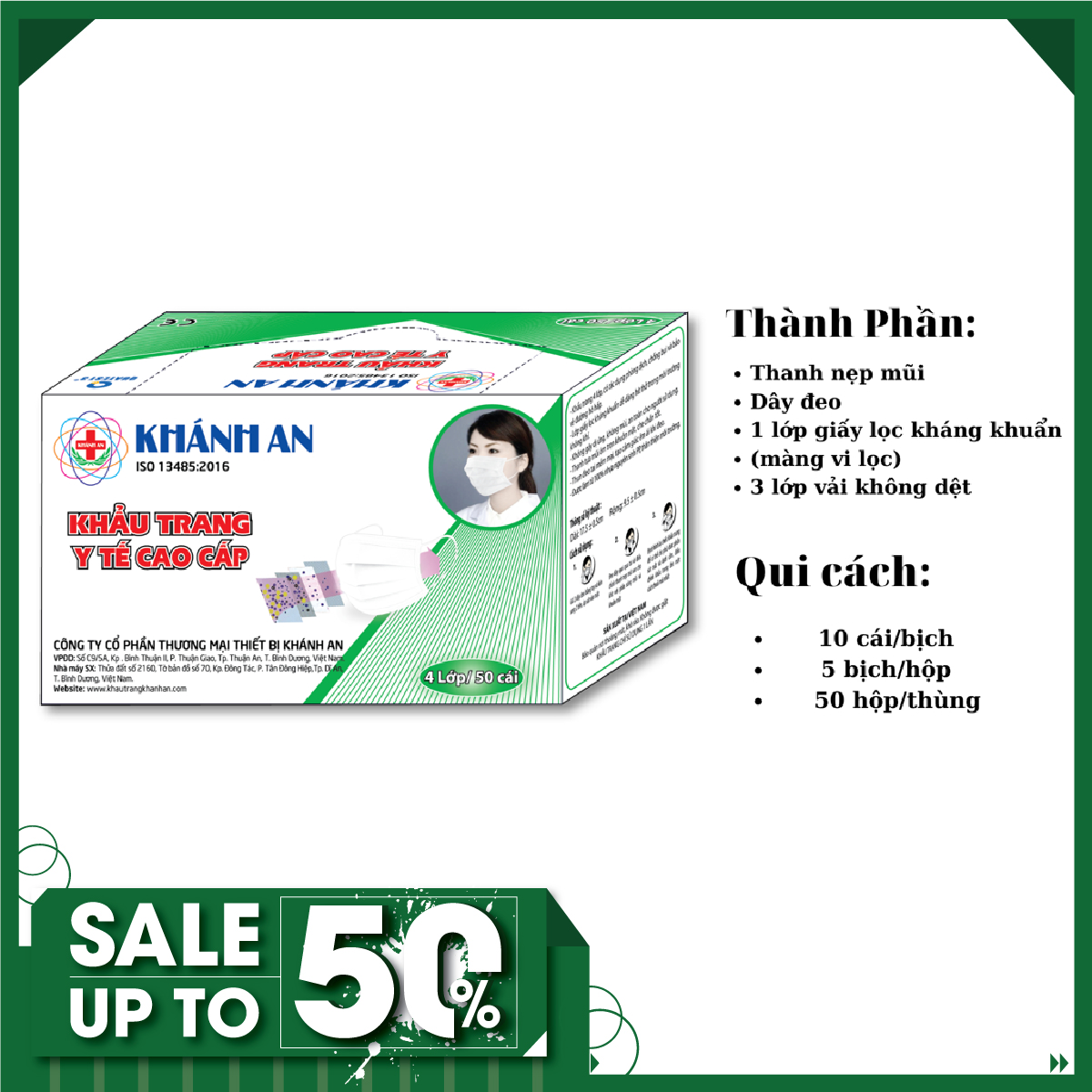 Khẩu trang y tế 4 lớp KHÁNH AN kháng khuẩn lọc bụi thông thường hộp 50 cái