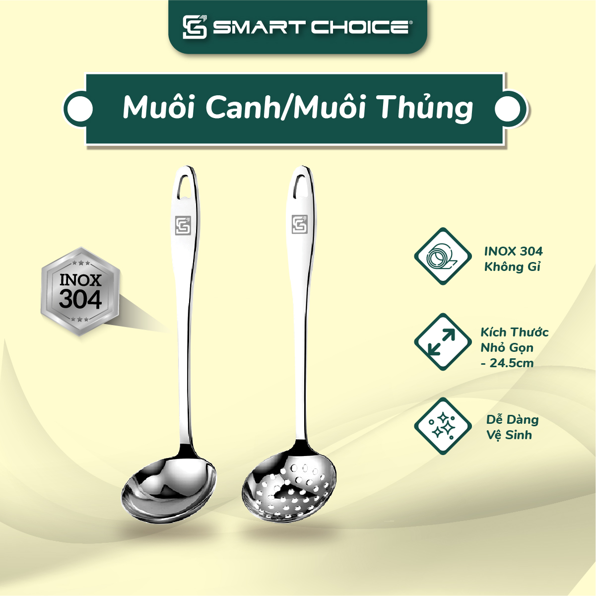 Muỗng inox cao cấp 304 smartchoice scg-pk030, muỗng inox cán dài , vá múc canh cao cấp, muỗng múc canh, muôi múc canh.