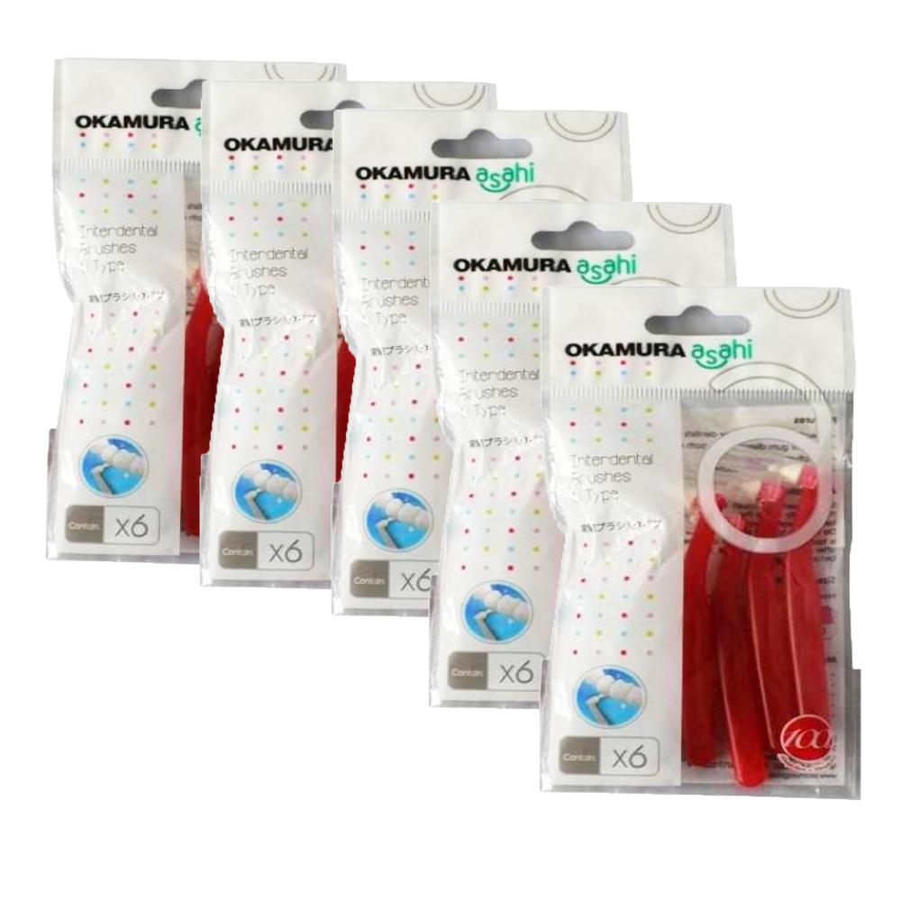 Okamura-Combo 5 bịch Bàn chải kẽ răng cao cấp Nhật dạng chữ L 0.7mm đỏ