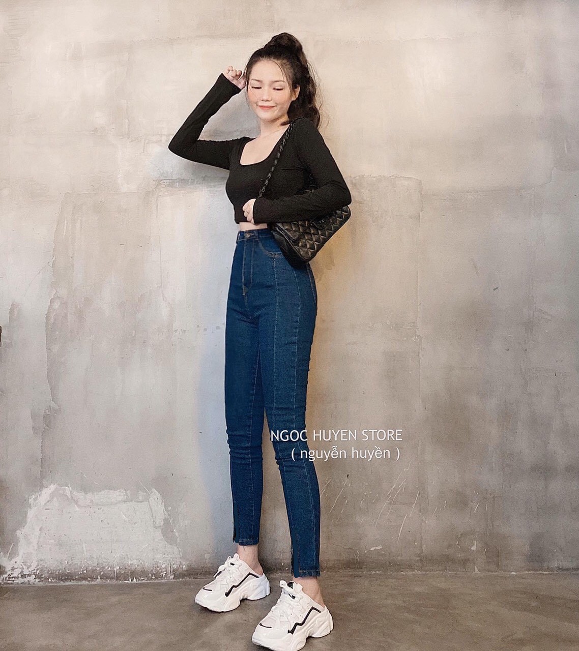 QUẦN JEAN NỮ CẠP CAO HAI NÚT XẾP LI SNU