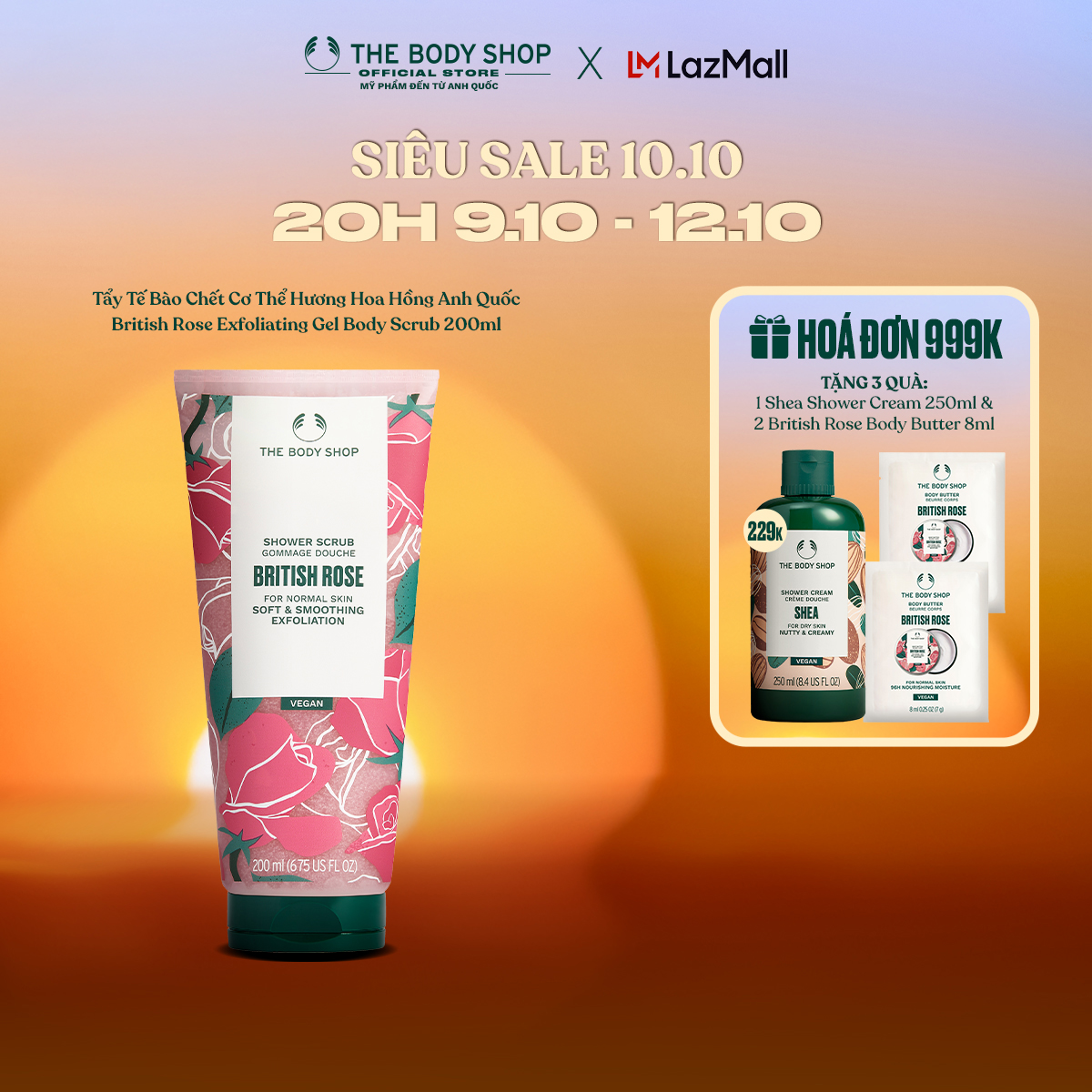 [Size 50ml HSD 10/2026] Tẩy Tế Bào Chết Cơ Thể Hương Hoa Hồng Anh Quốc British Rose Exfoliating Gel Body Scrub The Body Shop
