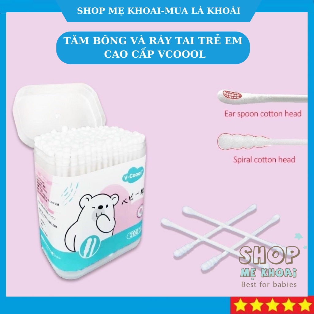 Tăm bông trẻ em Tăm bông ngoáy tai cho sơ sinh trẻ em cao câp VCOOL hộp 200 que Shop Mẹ Khoai