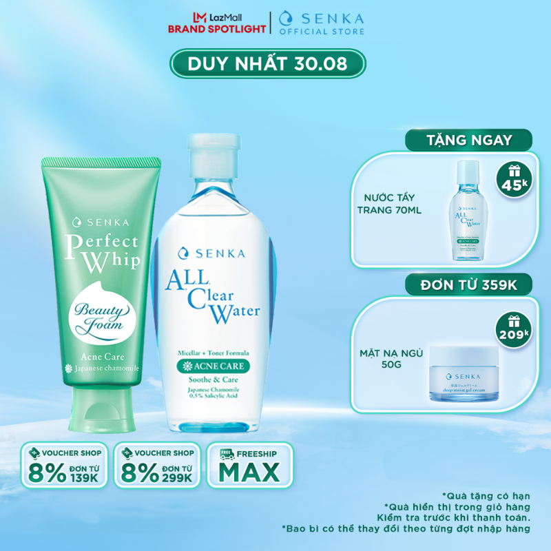 Bộ đôi Nước tẩy trang ngừa mụn Senka 230ML & Sữa rửa mặt tạo bọt ngăn ngừa mụn Senka 100G