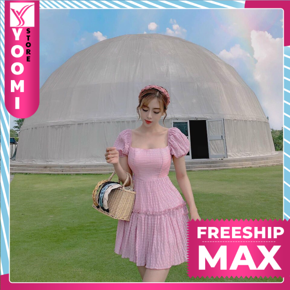 Đầm tay phồng tùng xòe nhún tầng ( có mút ) cổ vuông ôm eo dáng xòe xinh xắn thời trang Yoomi