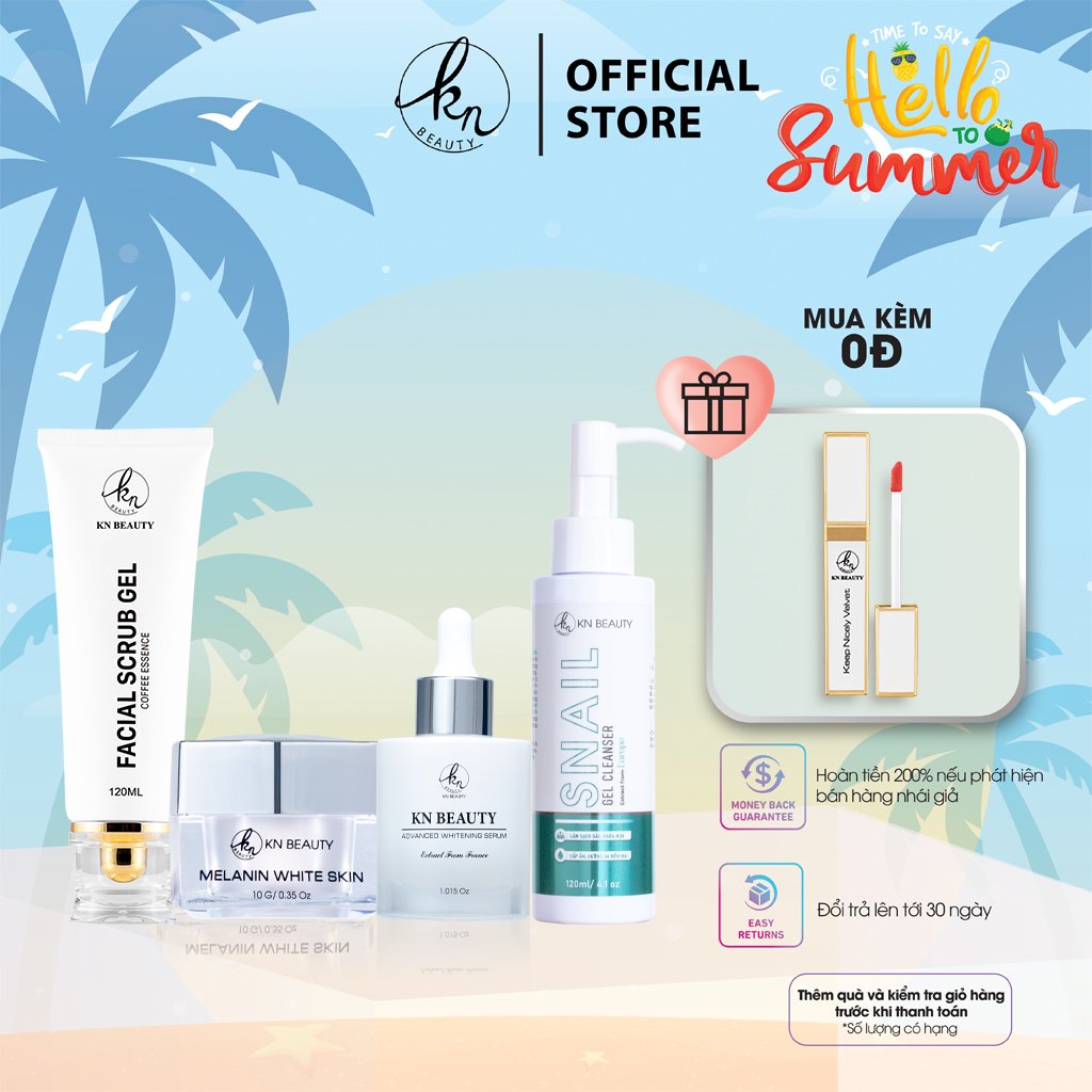 Bộ 4 bước chăm sóc da Trắng sáng Ngừa Nám KN Beauty chuyên sâu: Kem dưỡng  + Serum 30ml+ Sữa rửa mặt 120ml+ Tẩy tế bào chết 120ml (Quà Tặng son KNBeauty)