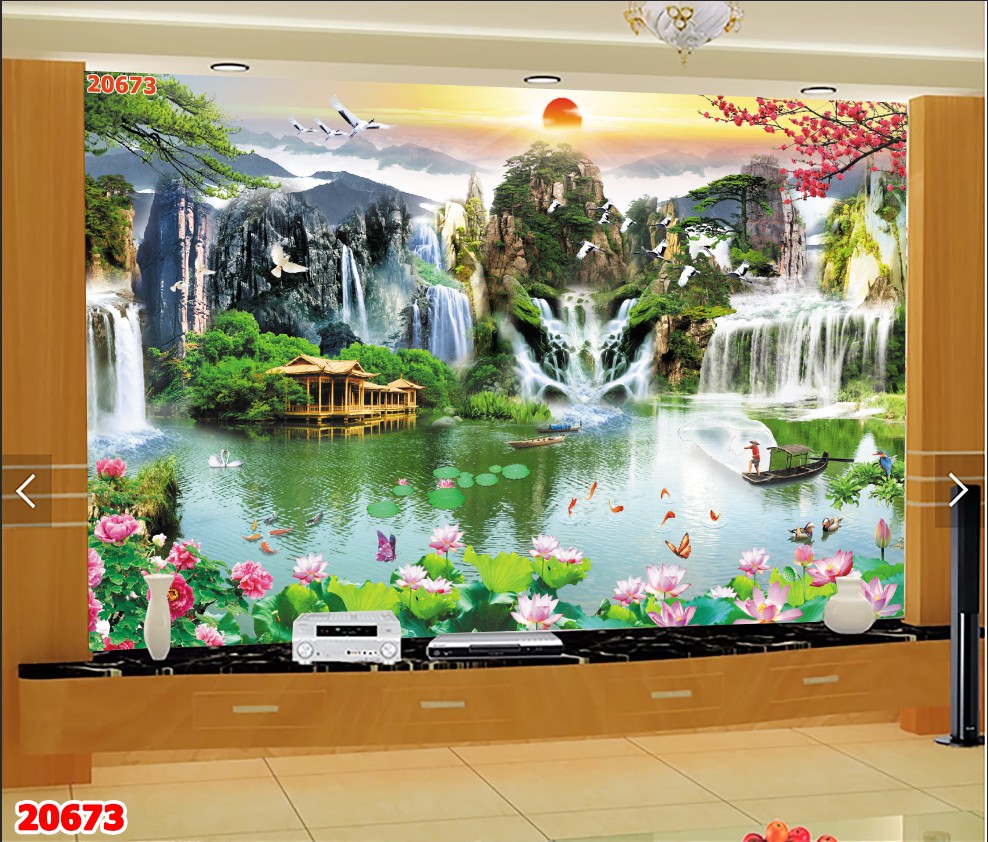 Tranh dán tường 3d sơn thủy hữu tình trang trí phòng khách giá rẻ đẹp atm