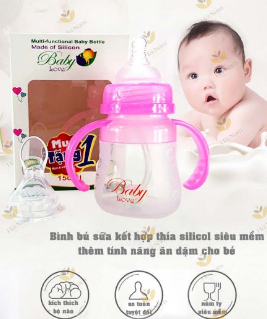 Bình sữa silicon 2 chức năng Baby Love -Gb Baby150ml Chính hãng- tặng kèm 1 núm ti