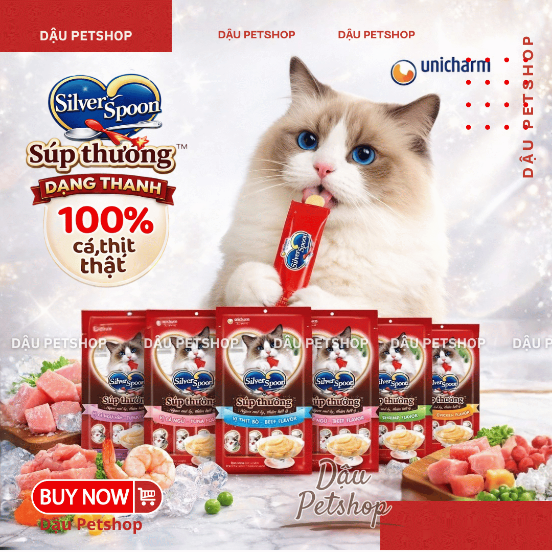 🌟 Súp Thưởng Silver Spoon Dạng Thanh – Bổ Sung 100% Cá/Thịt Thật, 6 Vị Ngon Mê Ly 😻✨