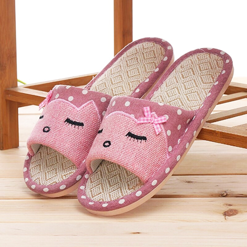 Dép vải lanh mang trong nhà họa tiết bố gai hình mèo, dép vải đế chống trượt dép đi trong nhà đế cao su dẻo, dép cói dép mây thổ cẩm