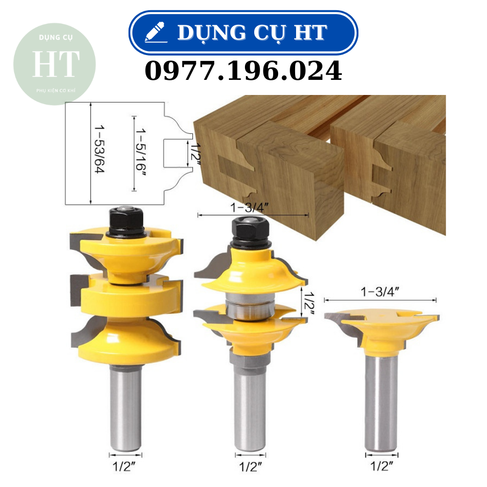 Mũi phay ghép mộng cửa chính bao gồm 3 mũi , chất liệu hợp kim siêu bền