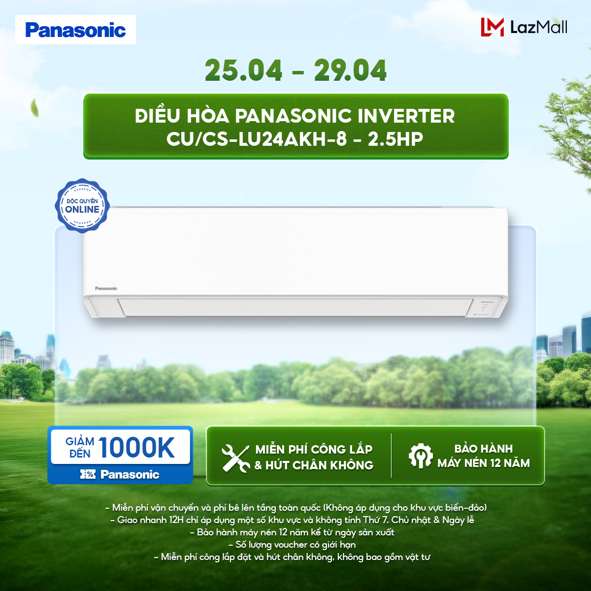 [ SẴN HÀNG MIỀN BẮC] Điều hòa Panasonic Inverter CU/CS-LU24AKH-8 - 2.5HP - Một chiều - Eco AI - Lọc sạch không khí NanoeX - Wifi