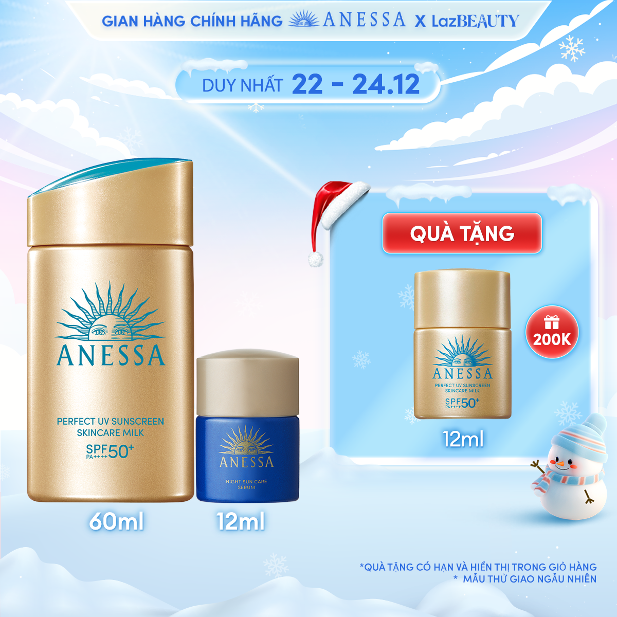 Bộ đôi Kem chống nắng dạng sữa dưỡng da bảo vệ hoàn hảo Anessa Perfect UV Skincare Milk SPF 50+ PA++++ 60ml + Serum dưỡng da và phục hồi da sau nắng Anessa Night Sun Care Serum 12ml