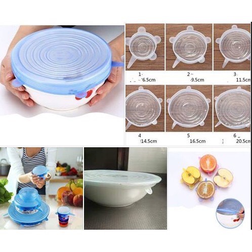 Set 6 nắp bọc thực phẩm silicon co giãn bọc bát, đĩa, cốc chén, bọc bảo quản thức ăn trong tủ lạnh