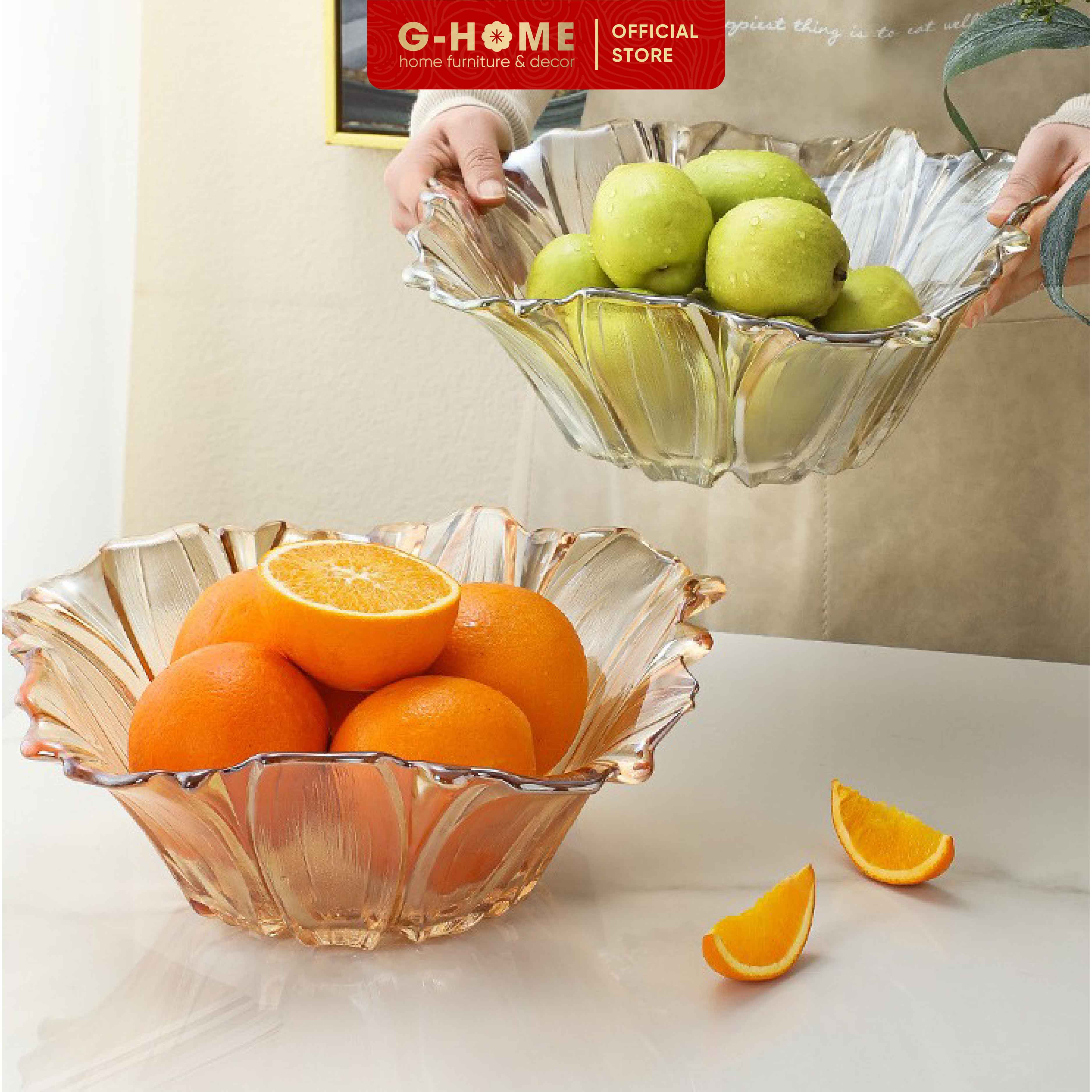 Đĩa thủy tinh đựng hoa quả Ghome, đĩa trái cây để bàn trang trí ngày Tết sang trọng DIA24M1