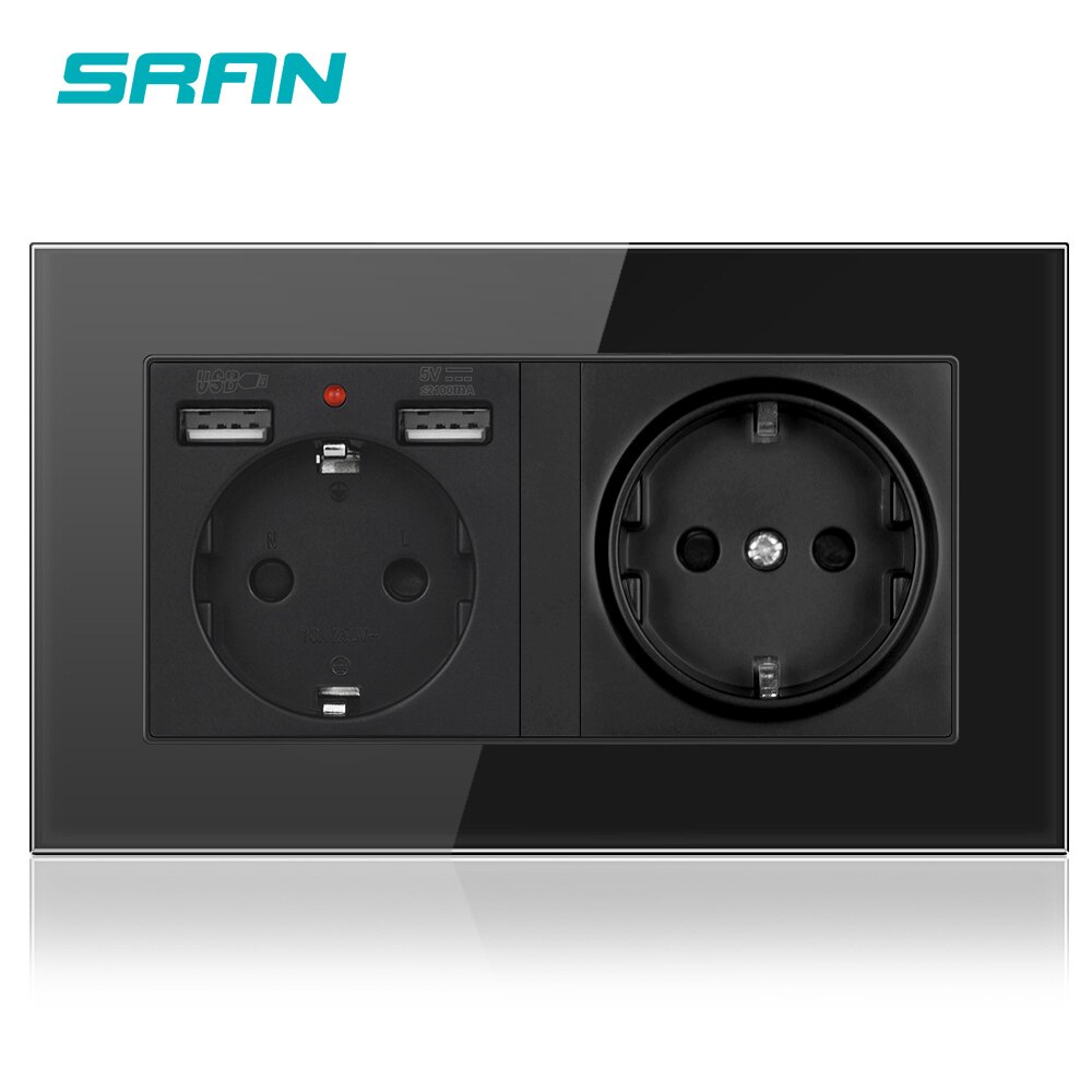 Wall mounted glass panel 16A power socket, EU standard multi plug, with 2 USB charging ports, hidden LED indicator