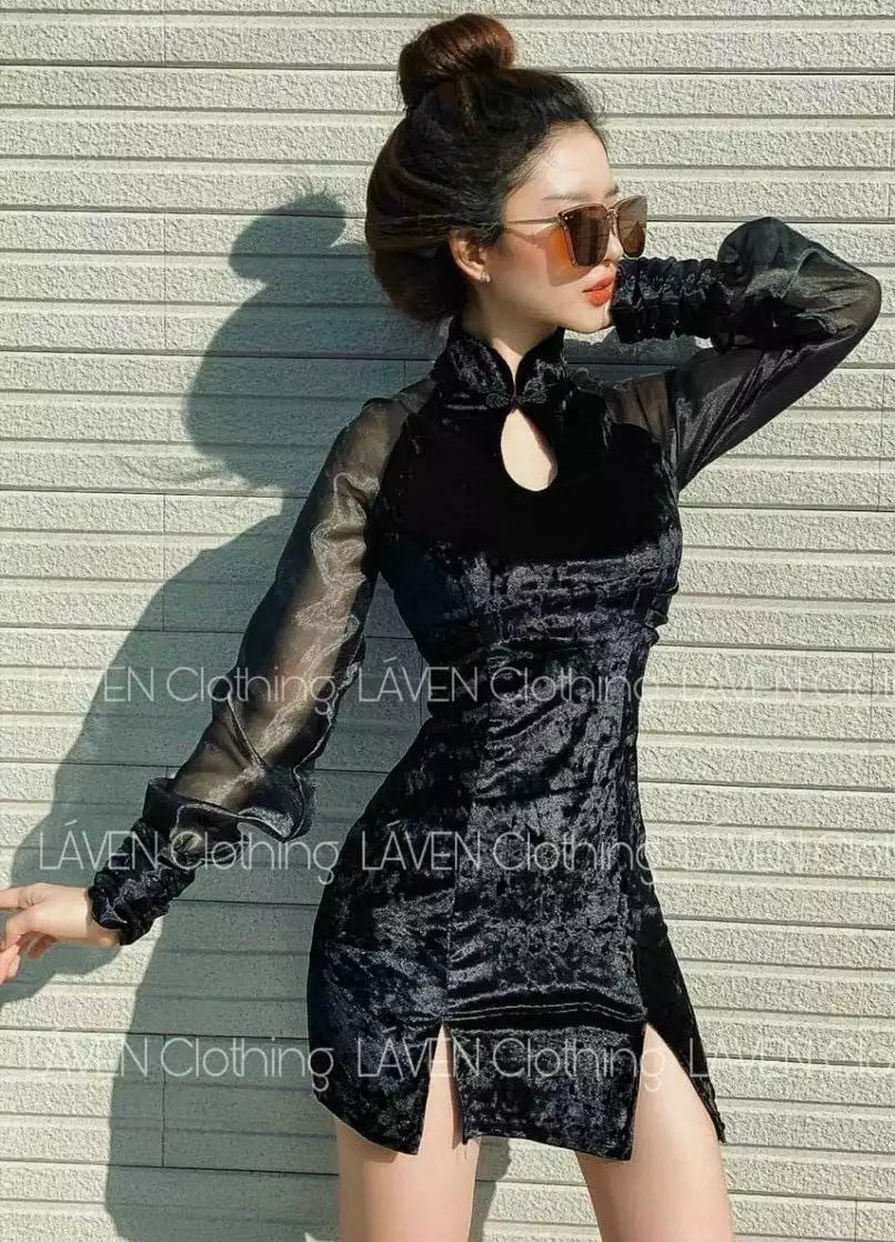 [HCM]Đầm cổ tàu giọt nước xẻ lai xịn sò hai màu ( màu đen và màu đỏ )