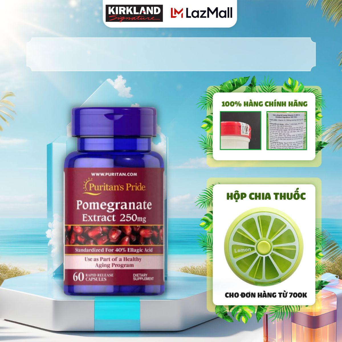 Viên uống tinh chất lựu sáng da Pomegranate Extract 250mg Puritan's 60 viên chống nắng từ bên trong, làm trắng da xử lý nám