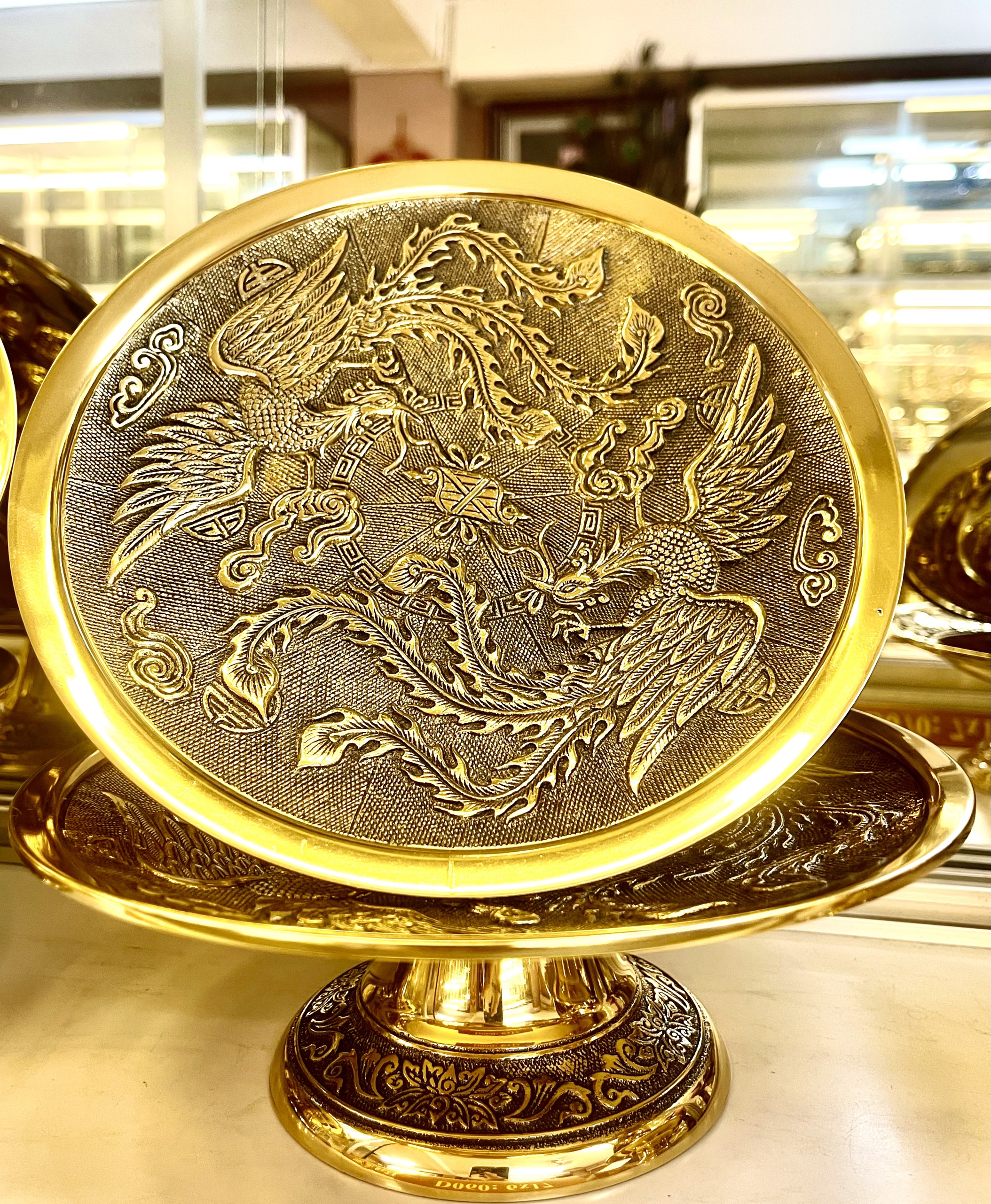 Dĩa trái cây song phụng hoàng bằng đồng nguyên chất thương hiệu Thuận Phát bảo hành 5 năm - cao 8 x rộng 21