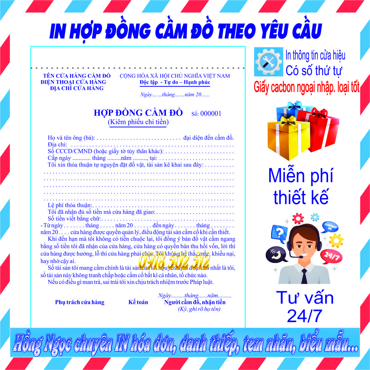 Hợp đồng cầm đồ kiêm phiếu chi tiền in thông tin cửa hiệu của khách theo yêu cầu, loại 2 liên, combo 10 quyển